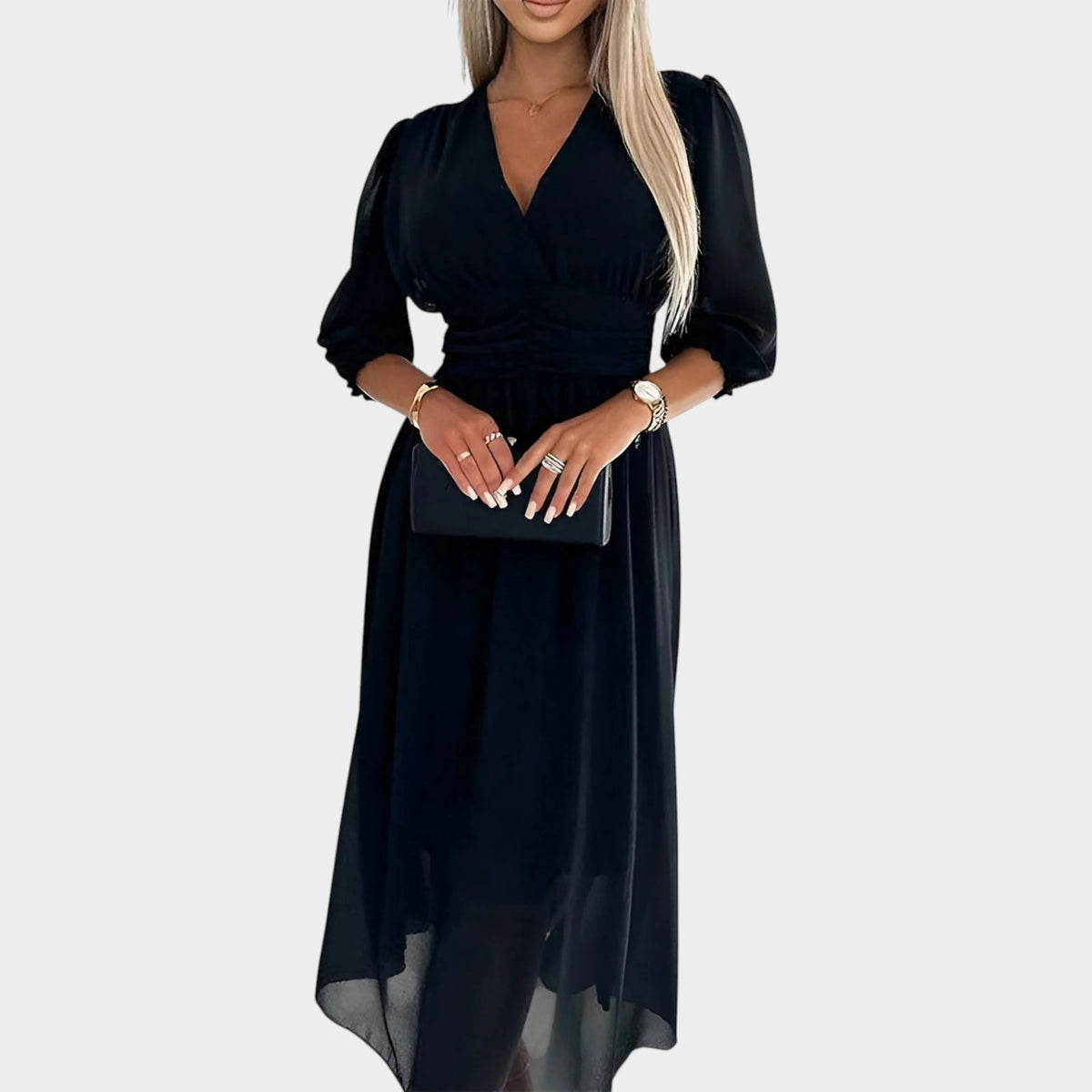 Women’s Chiffon Midi Dress with V-Neck and 3/4 Sleeves