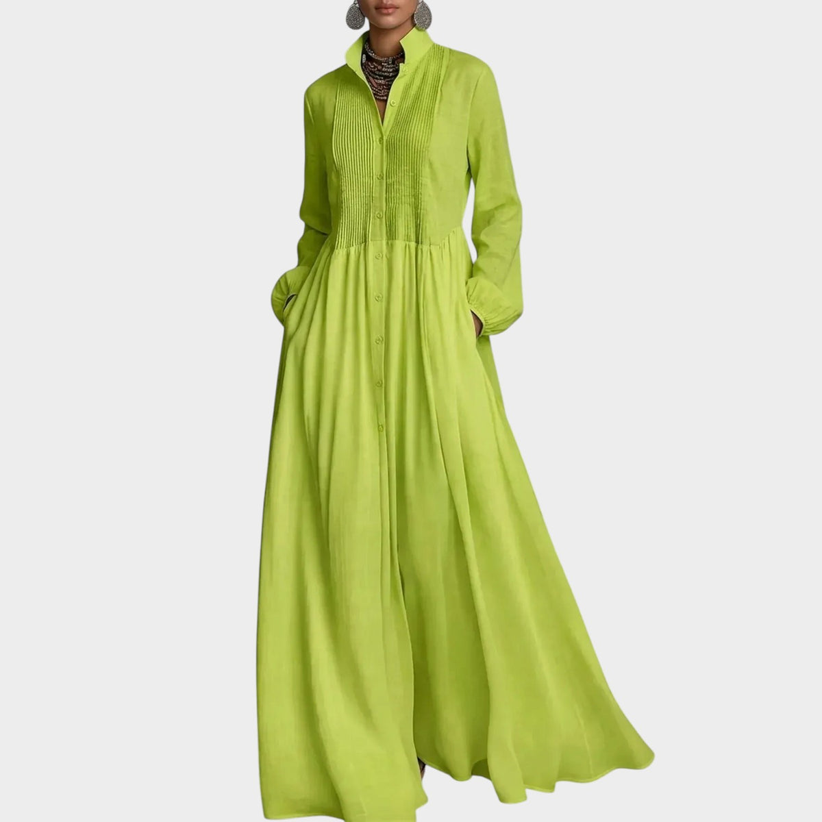 Women’s Long Sleeve Maxi Shirt Dress with Pintuck Detailing and Pockets