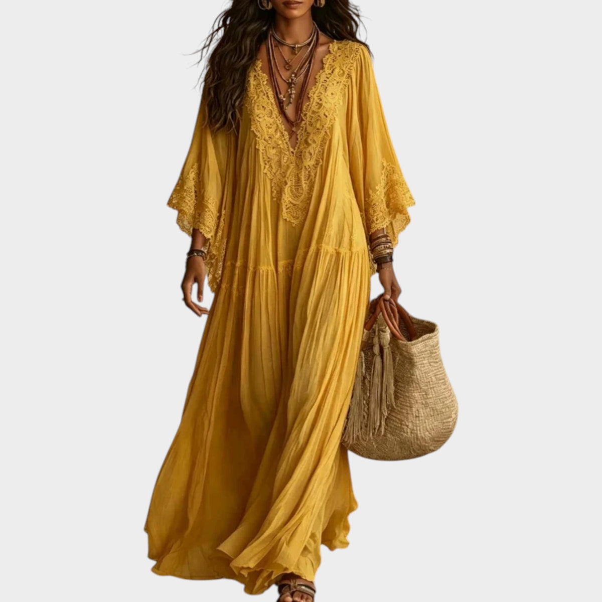 Women’s Lace Trim Maxi Dress with Deep V-Neck and Batwing Sleeves