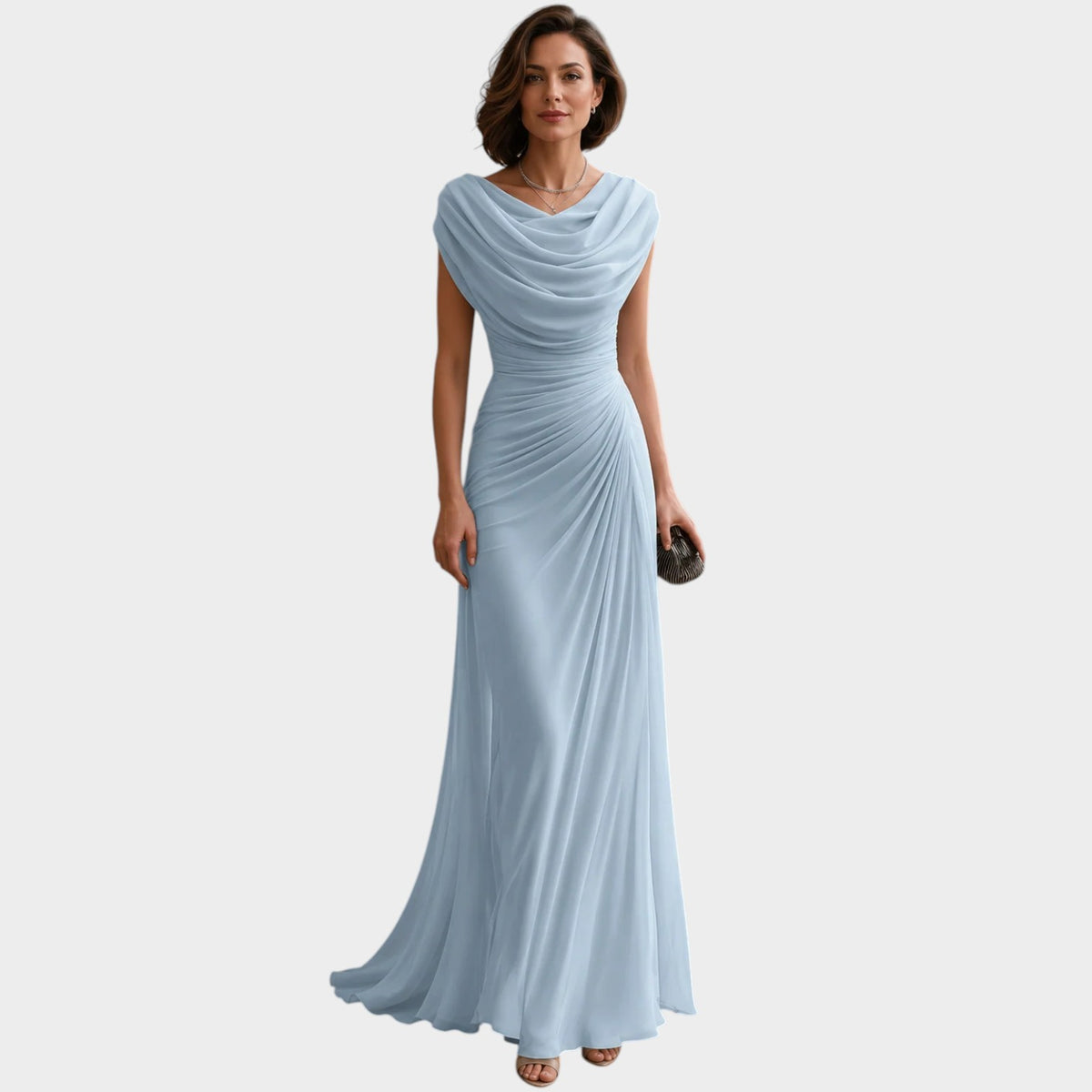 Women’s Ruched Maxi Evening Dress with Draped Cowl Neckline