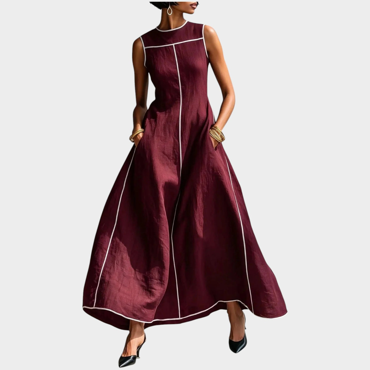Women’s Sleeveless Maxi Dress with Contrast Trim and Flowing A-Line Skirt