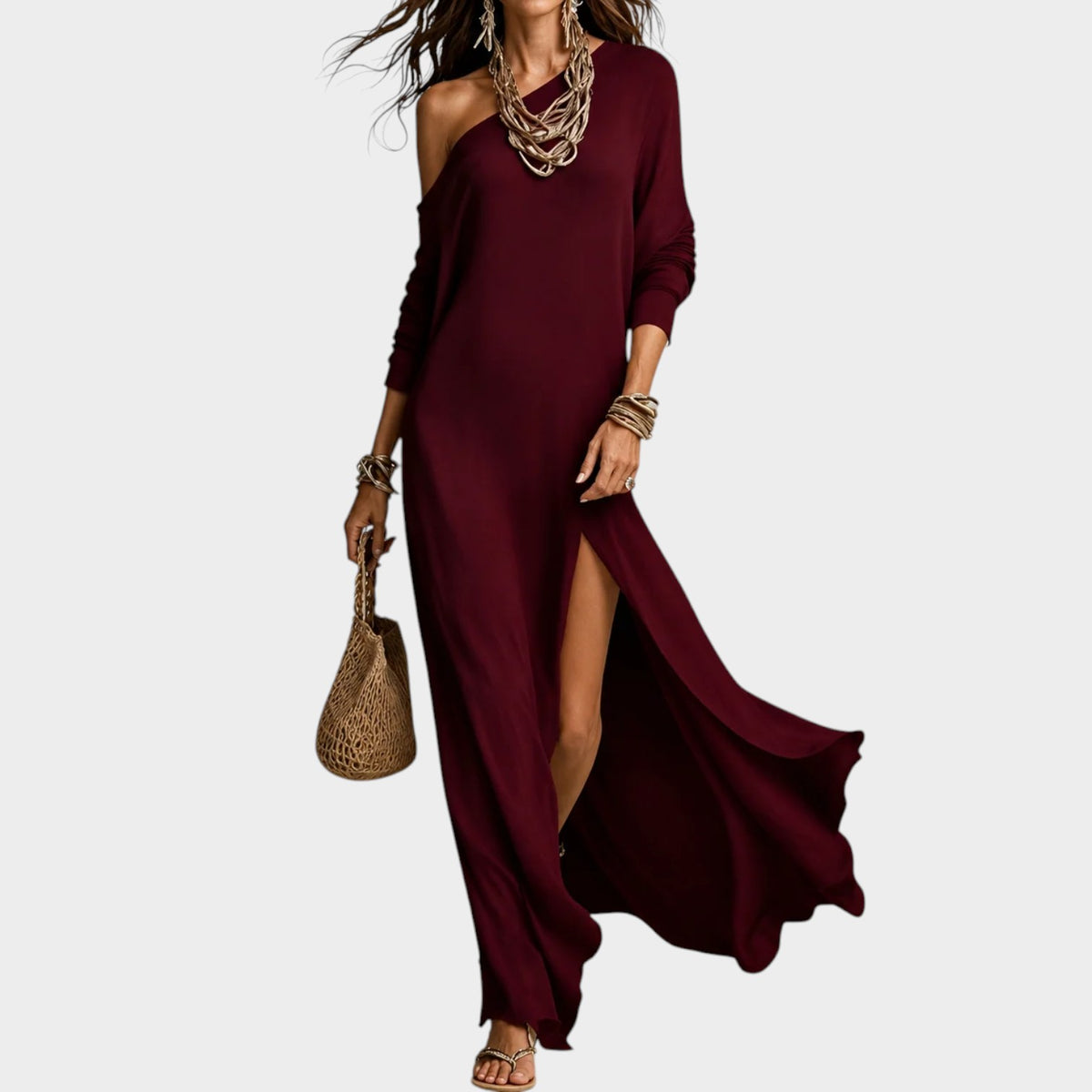 Women’s Ribbed One-Shoulder Maxi Dress with Long Sleeve and High Side Slit