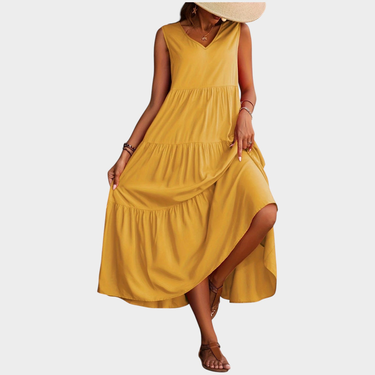 Women’s V-Neck Maxi Dress with Sleeveless Design and Tiered Skirt