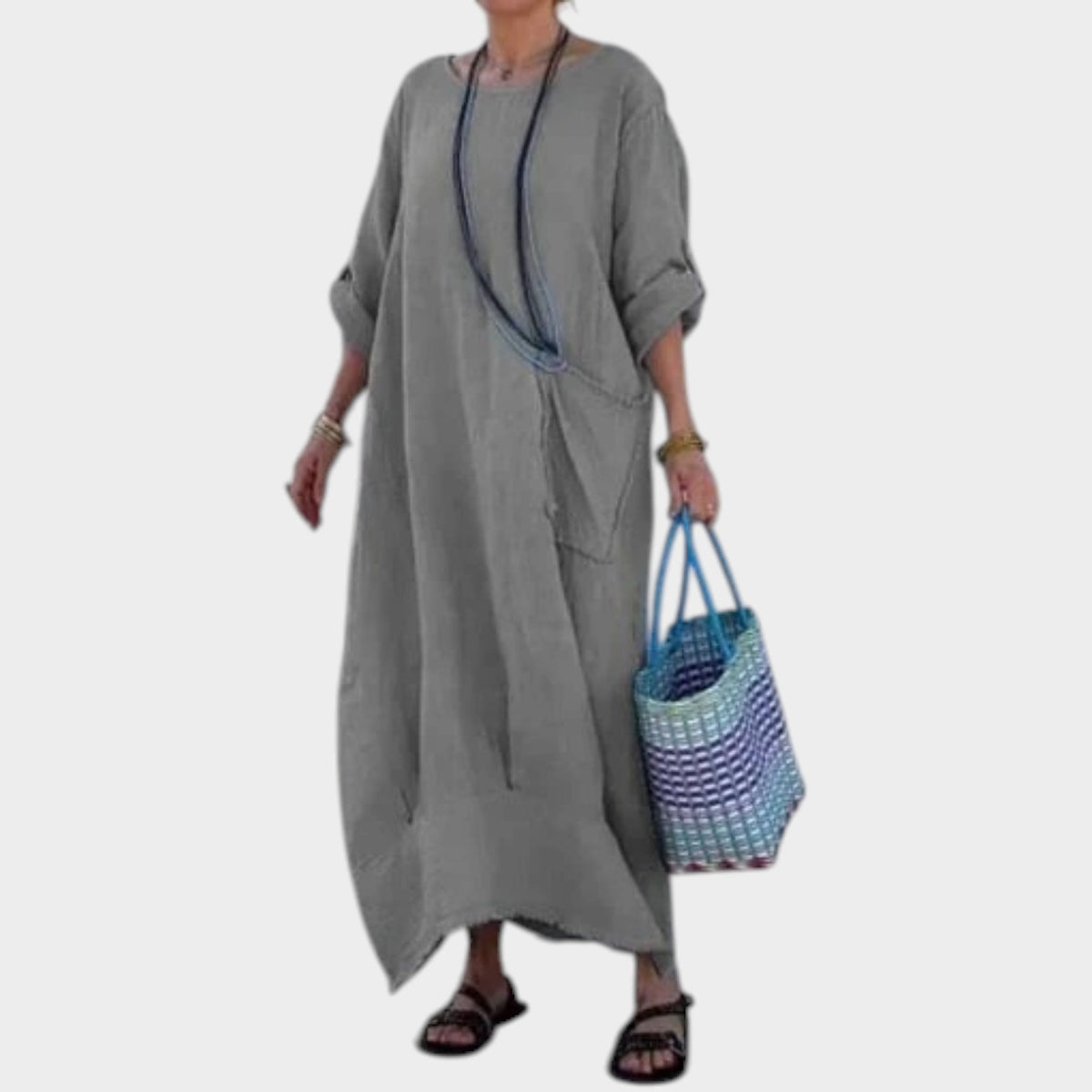 Women’s Oversized Maxi Dress with Rolled Sleeves and Side Patch Pocket