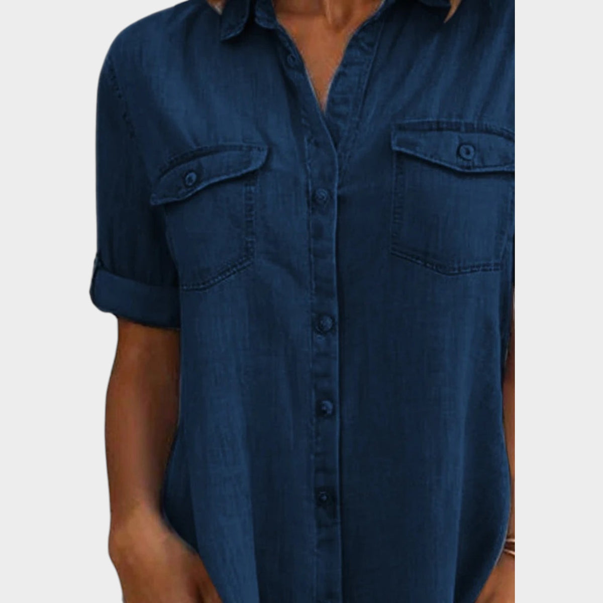 Women’s Denim Shirt Dress with Button Front and Roll-Up Sleeves
