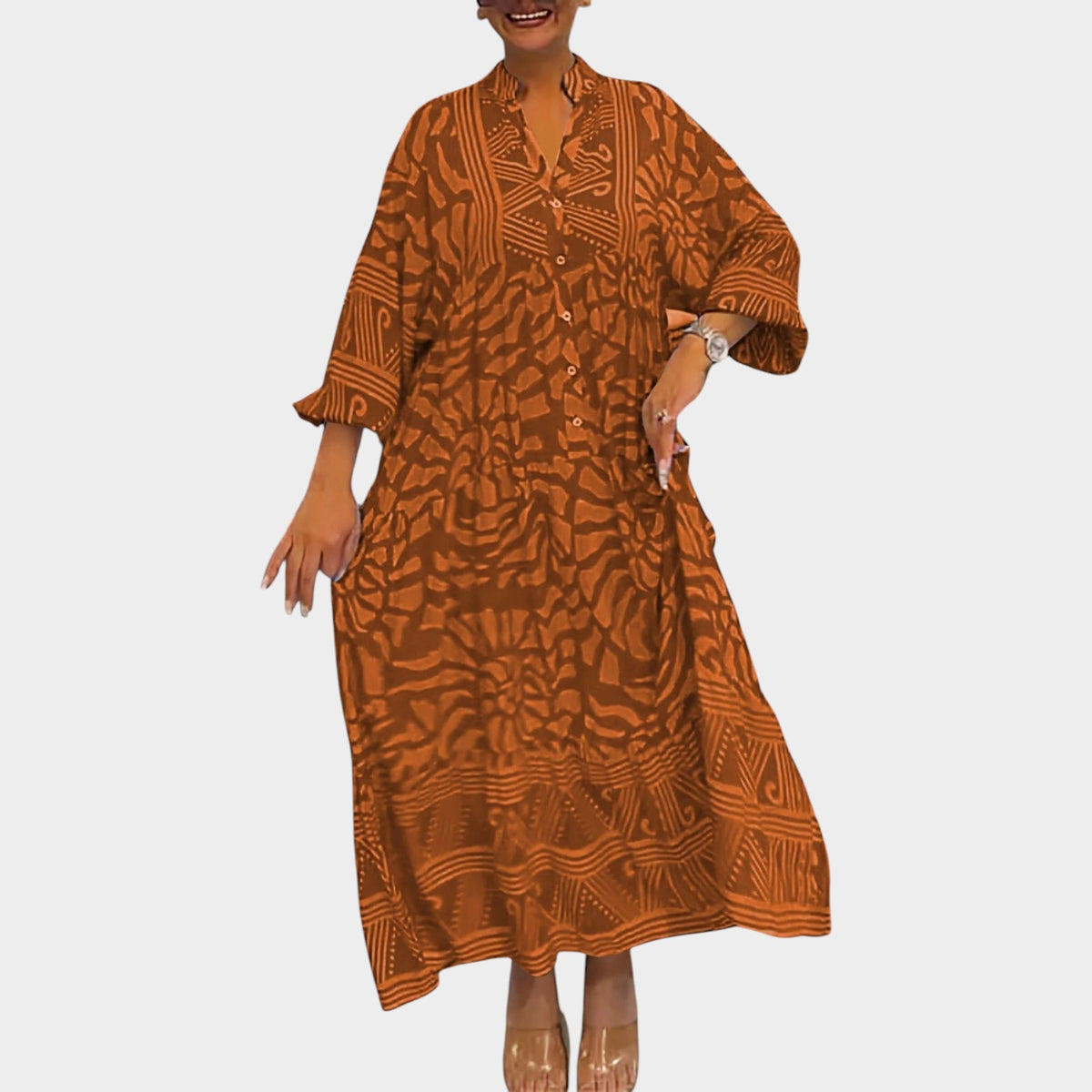 Women’s Floral Print Midi Dress with V-Neck and Long Sleeves