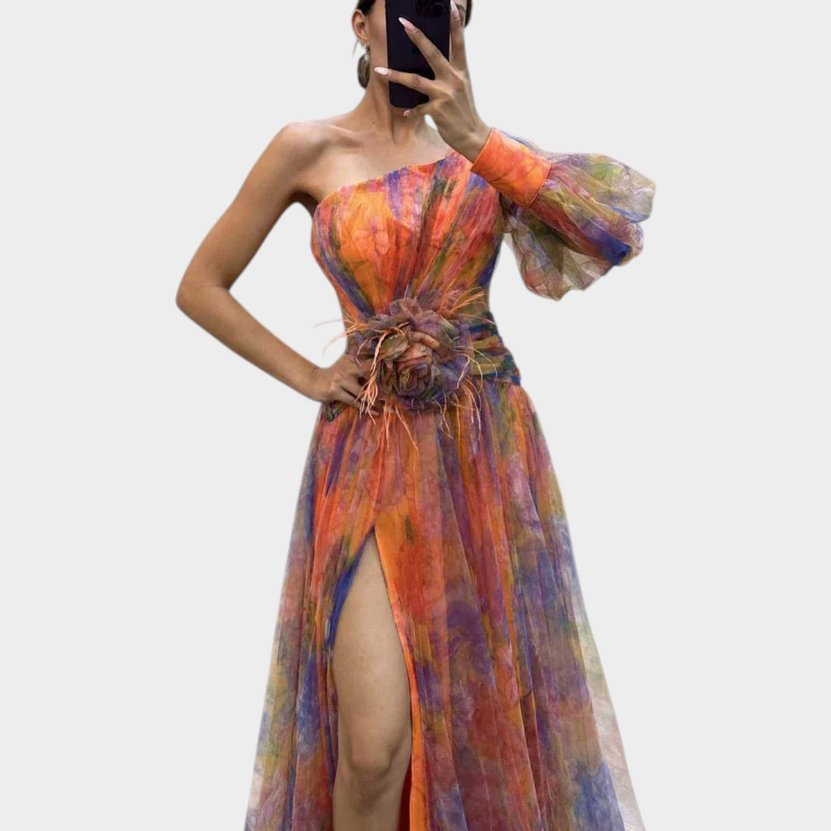 Women’s One-Shoulder Maxi Dress with Sheer Overlay, Floral Print and High Side Slit