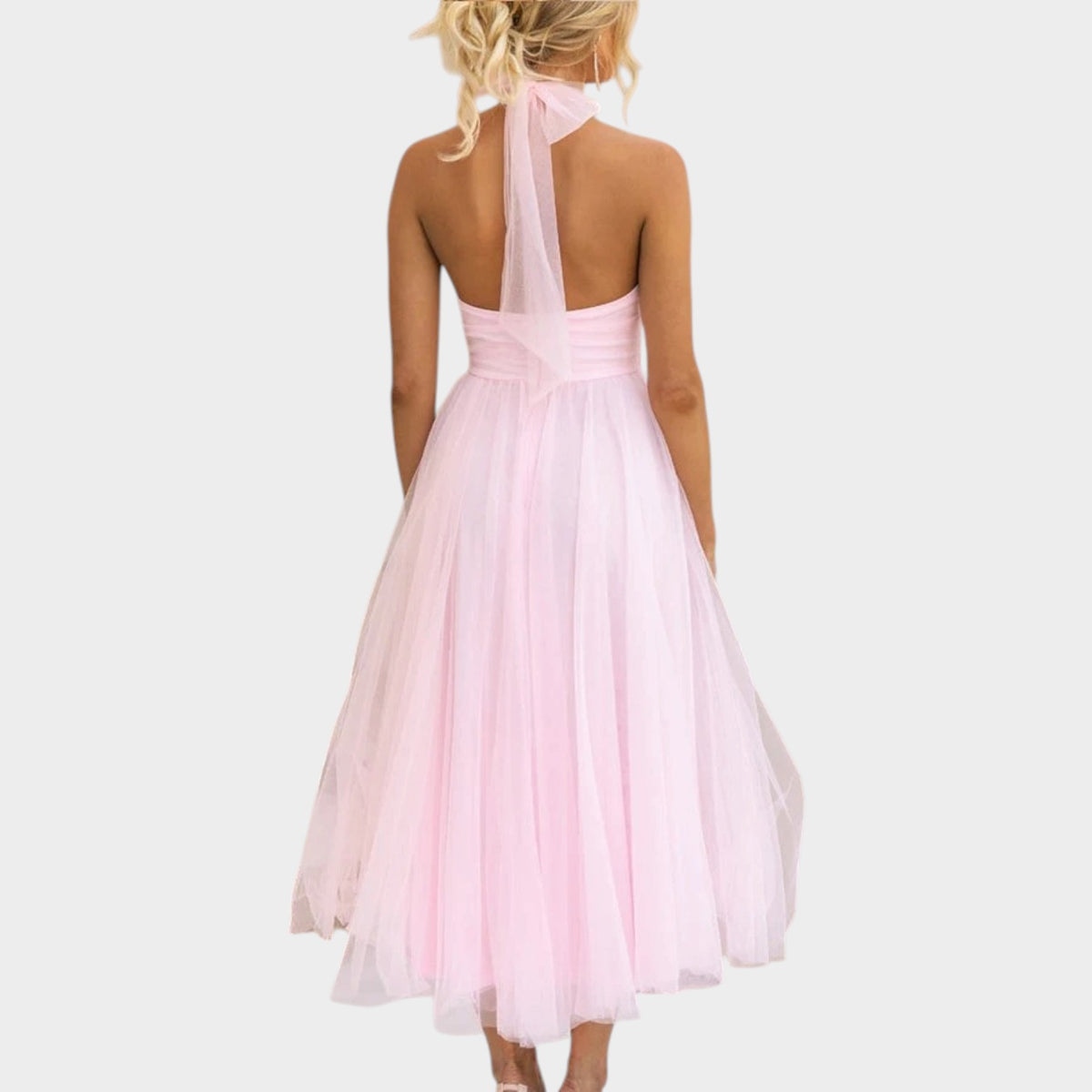 Women’s Halter Neck Midi Dress with Tulle Full Skirt