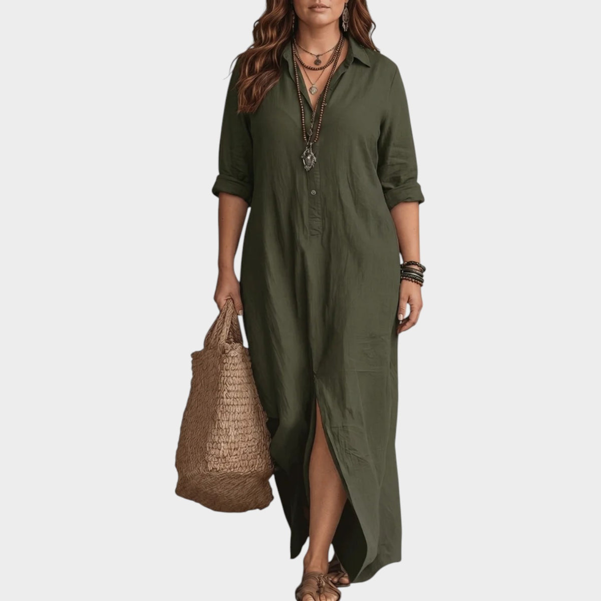 Women’s Button-Down Maxi Shirt Dress with Collared Neckline and Long Sleeves
