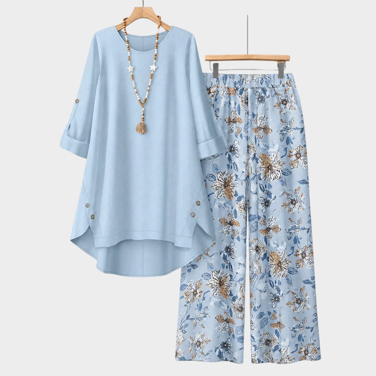 Women’s Two-Piece Set with Button-Tab Top and Floral Wide-Leg Trousers