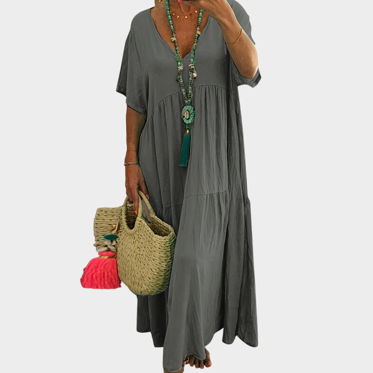 Women’s Plus Size Maxi Dress with V-Neck and Tiered Skirt