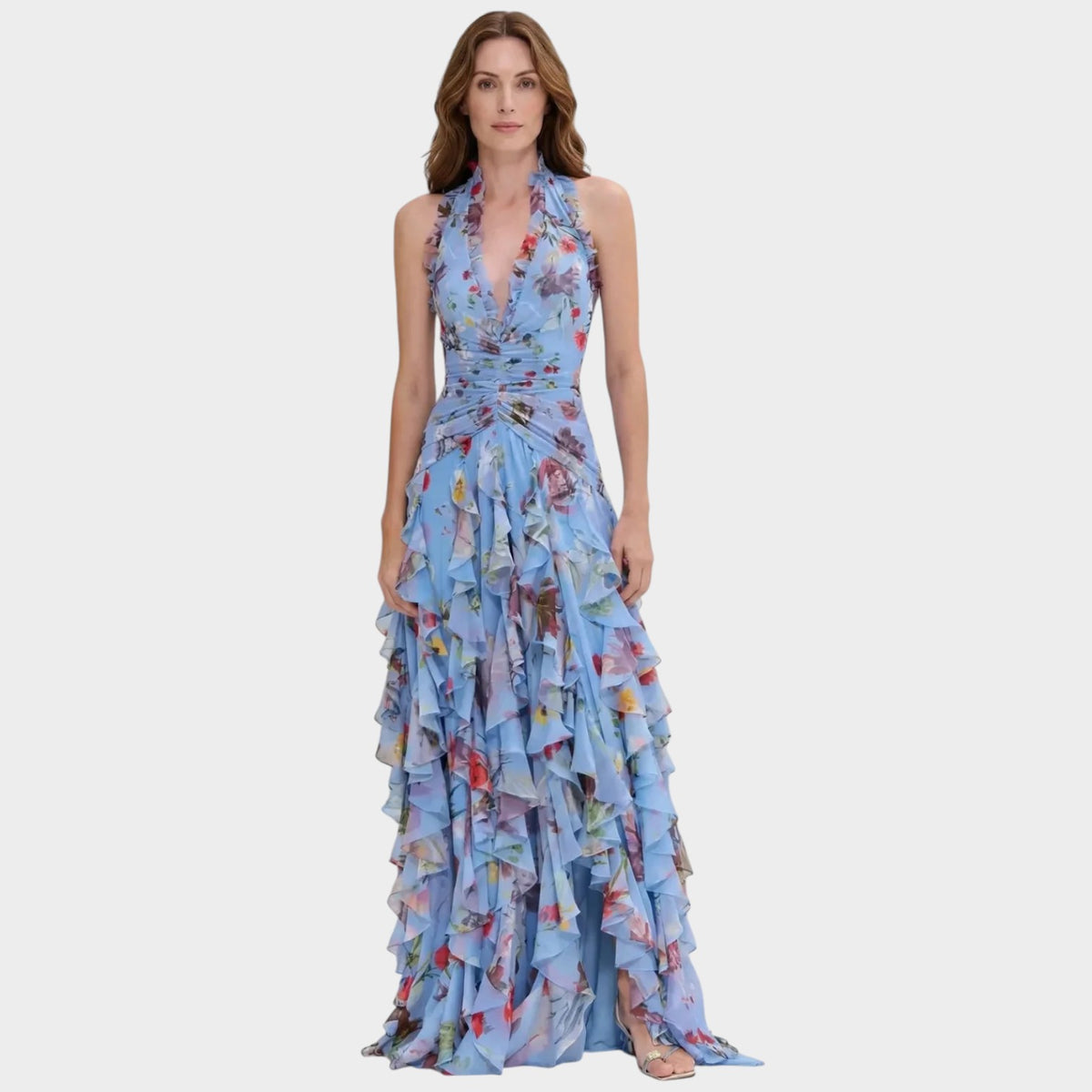 Women’s Floral Halter Neck Maxi Dress with Ruched Waist and Layered Ruffle Skirt