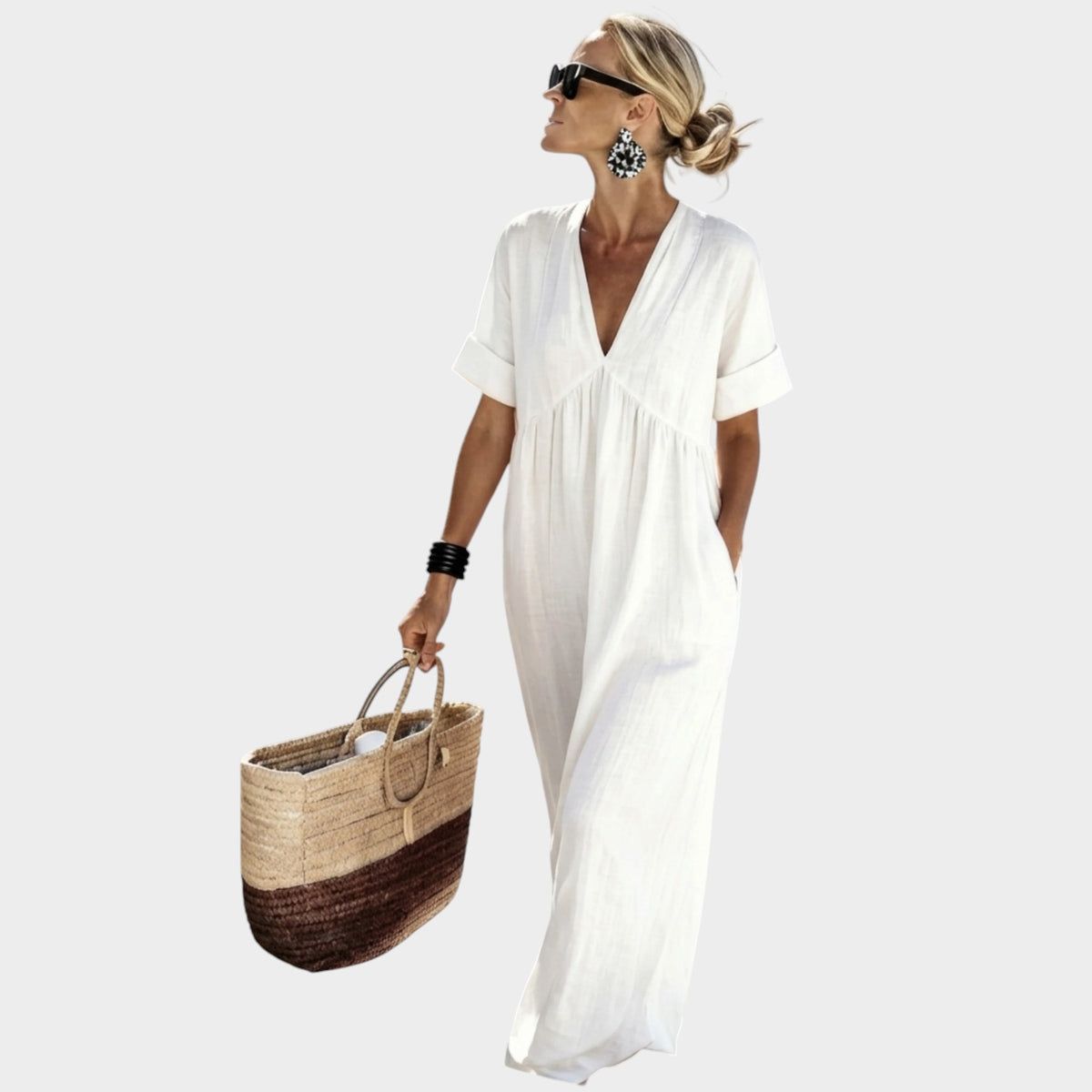 Women’s V-Neck Maxi Dress with Short Sleeves and Gathered Waist