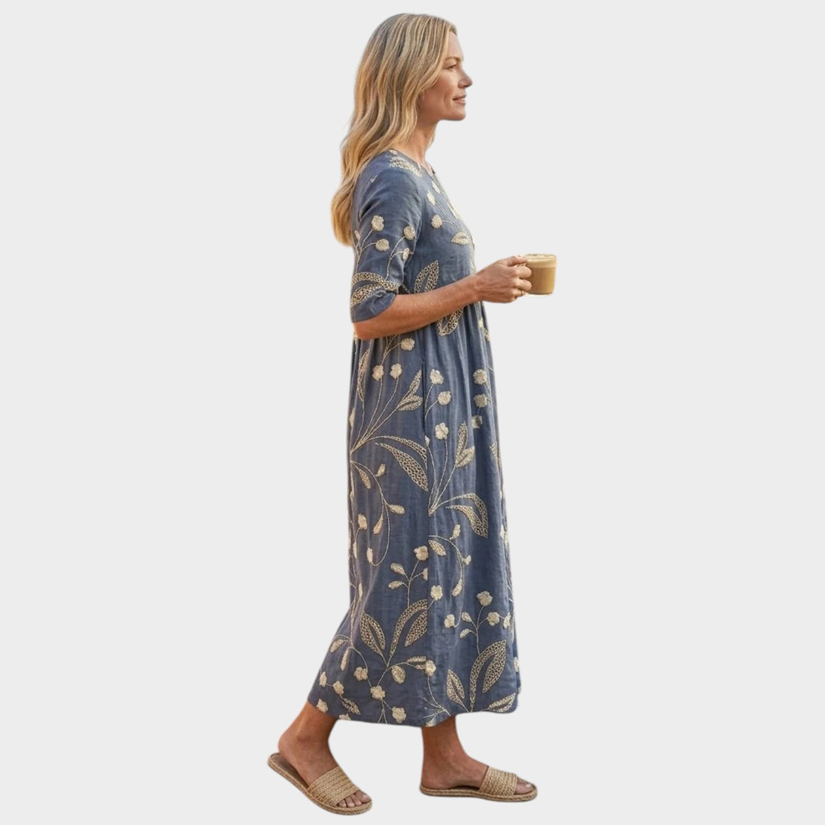 Women’s Floral Midi Dress with Round Neck and Three-Quarter Sleeves