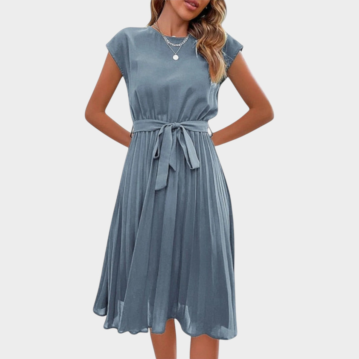 Women’s Pleated Midi Dress with Short Sleeves and Waist Tie
