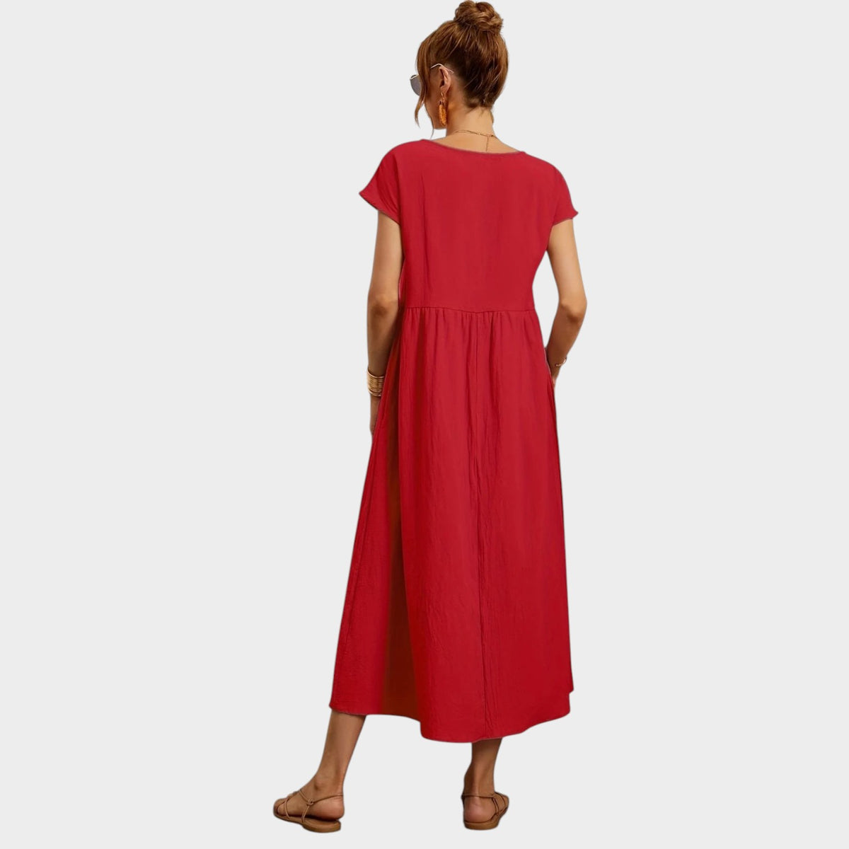 Women’s Round Neck Midi Dress with Short Sleeves and Side Pockets