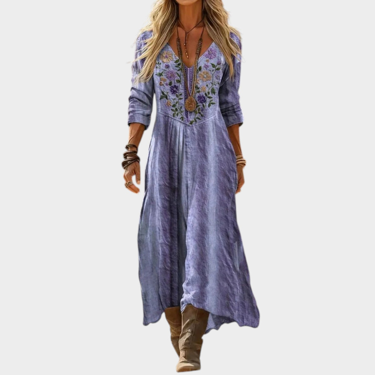 Women’s Vintage Print Midi Dress with Long Sleeves and V-Neck