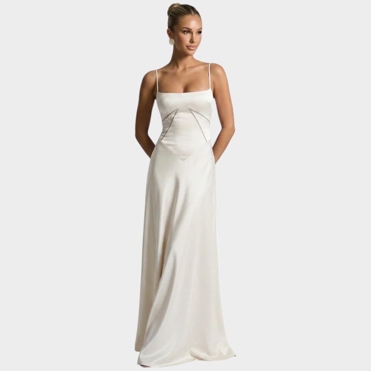 Women’s Satin Maxi Dress with Thin Straps Structured Bodice