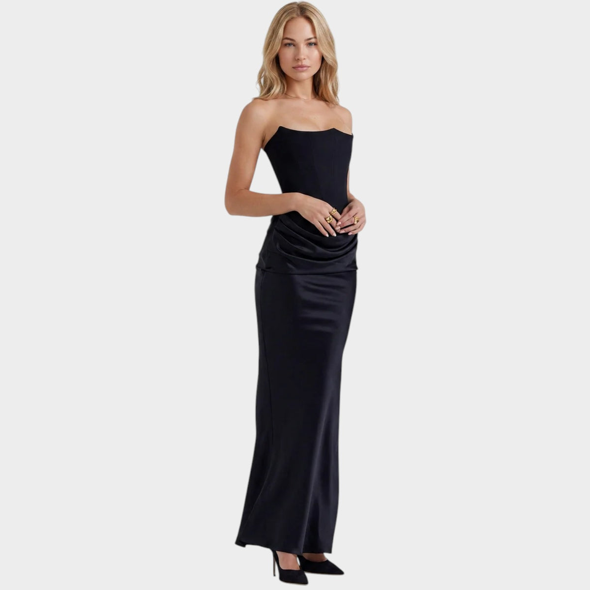 Women’s Strapless Corset Maxi Dress with Draped Waist Detail