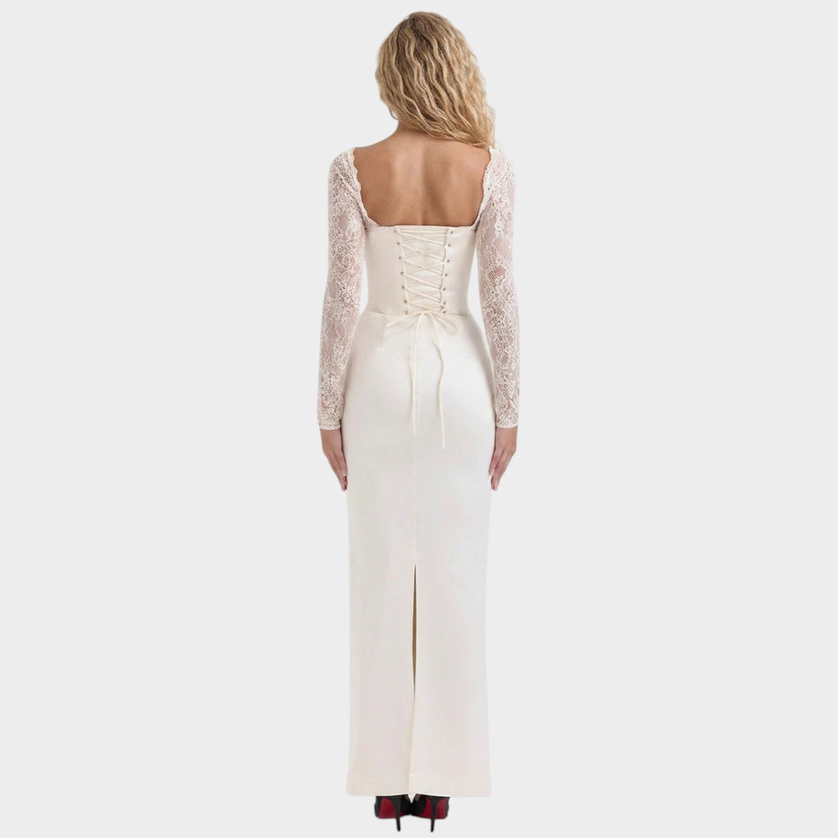 Women’s Satin-Look Corset Maxi Dress with Lace Sleeves and Sweetheart Neckline