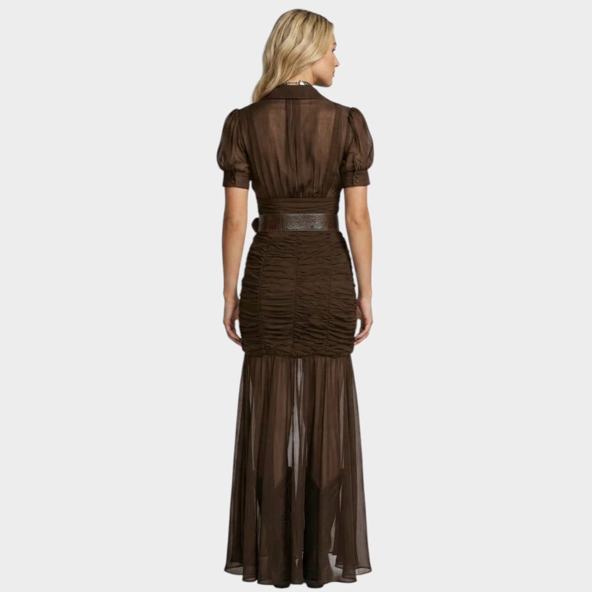 Women’s Sheer Maxi Dress with Puff Sleeves, Ruched Skirt and Thigh-High Split