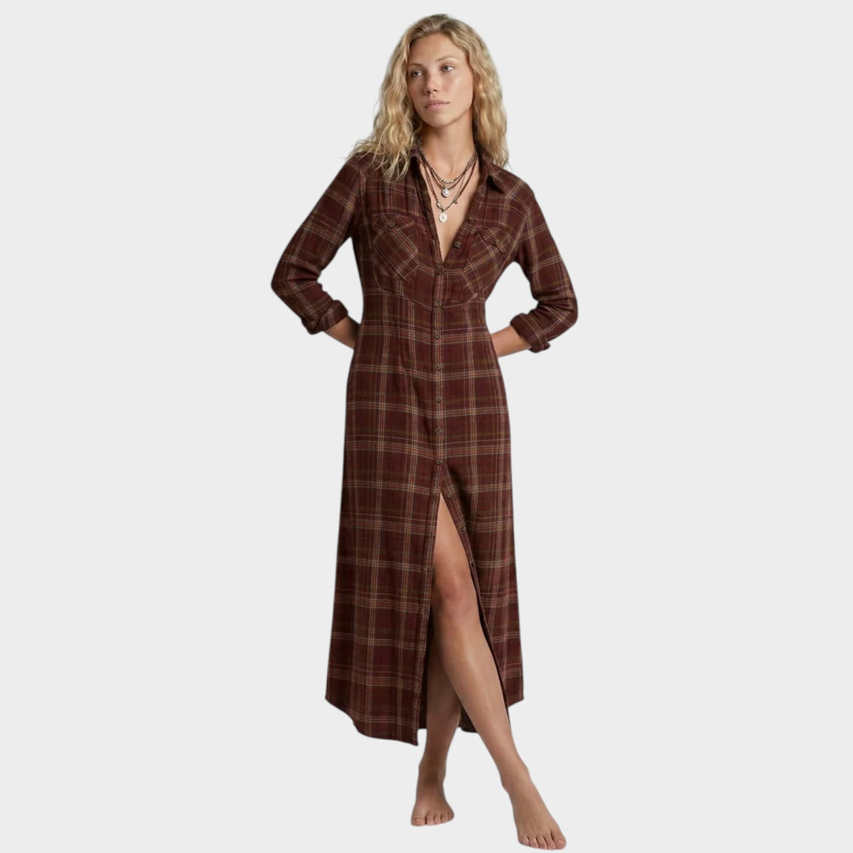 Women’s Plaid Shirt Maxi Dress with Button Front and Long Sleeves
