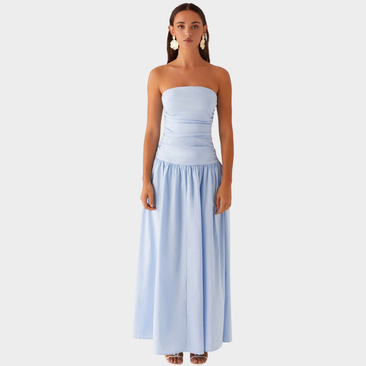 Women’s Strapless Maxi Dress with Ruched Bodice Flowing Skirt