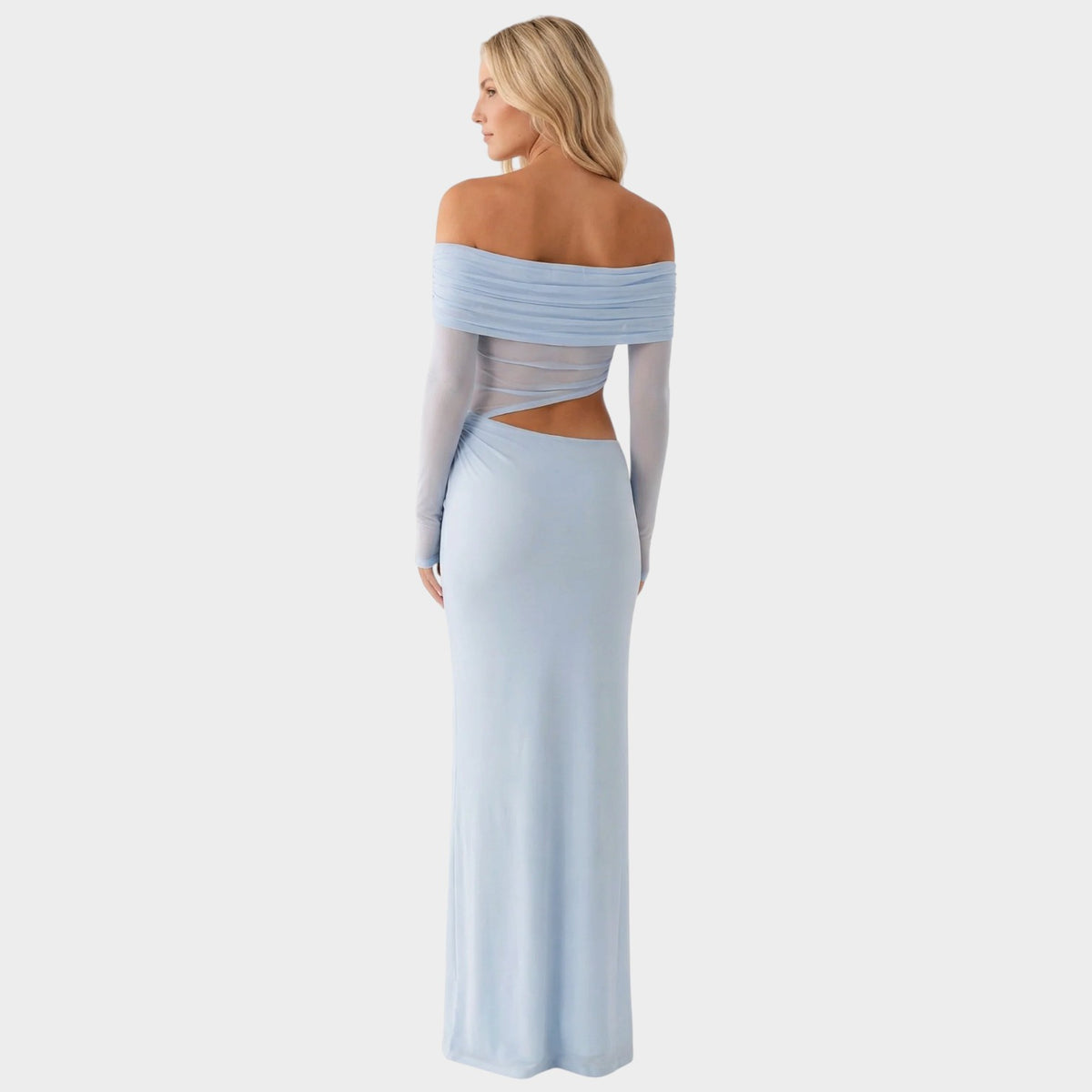Women’s Off-Shoulder Maxi Dress with Sheer Long Sleeves and Side Cut-Outs
