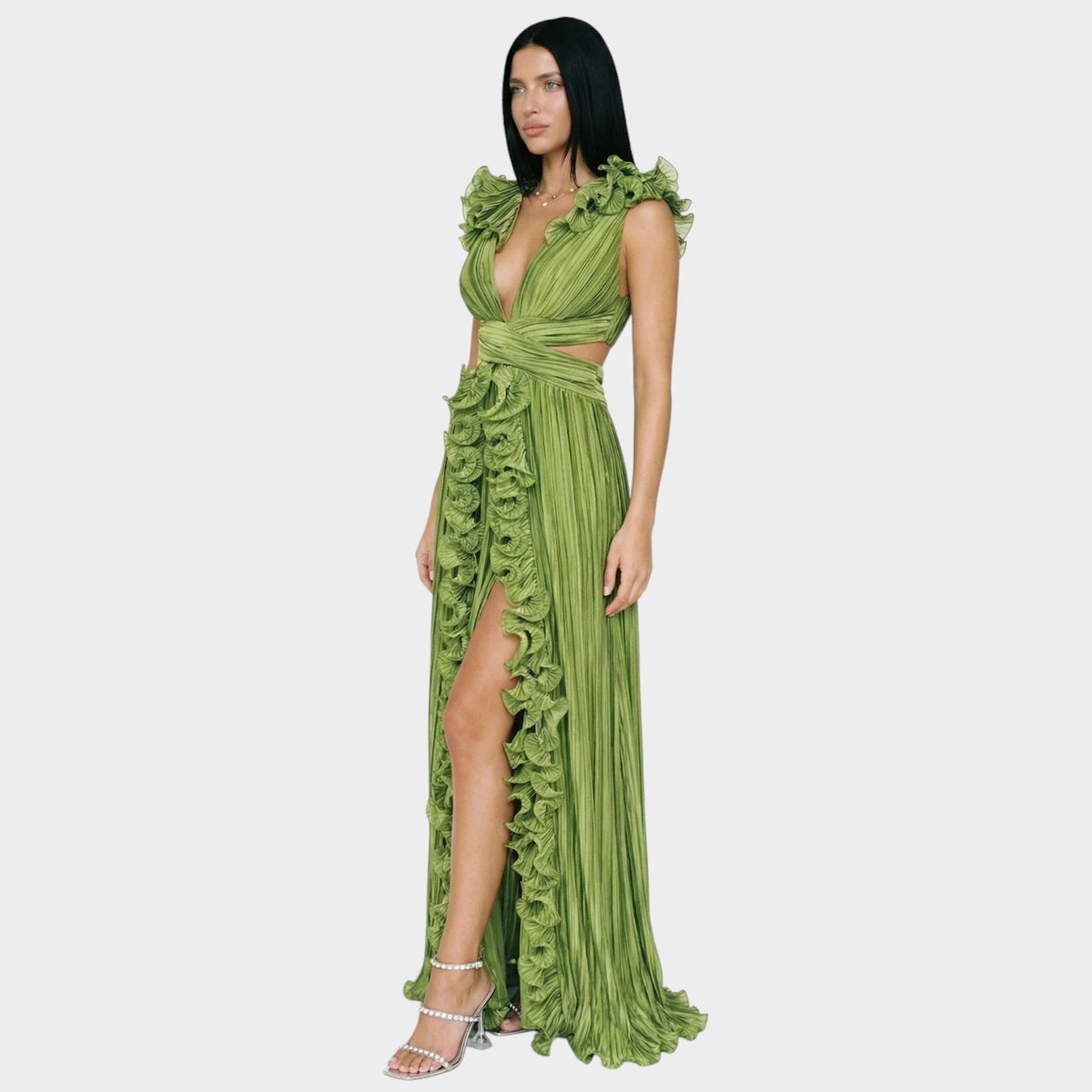 Women’s Pleated Maxi Dress with Deep V-Neck, Waist Cut-Outs and Ruffle Trim