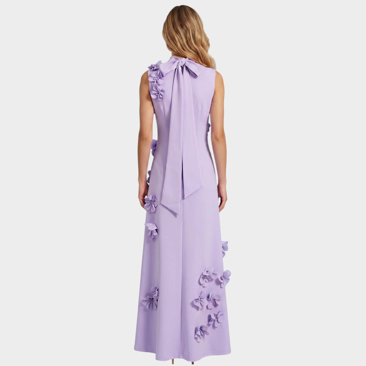 Women’s Floral Appliqué Maxi Dress with High Neck and Sleeveless Design
