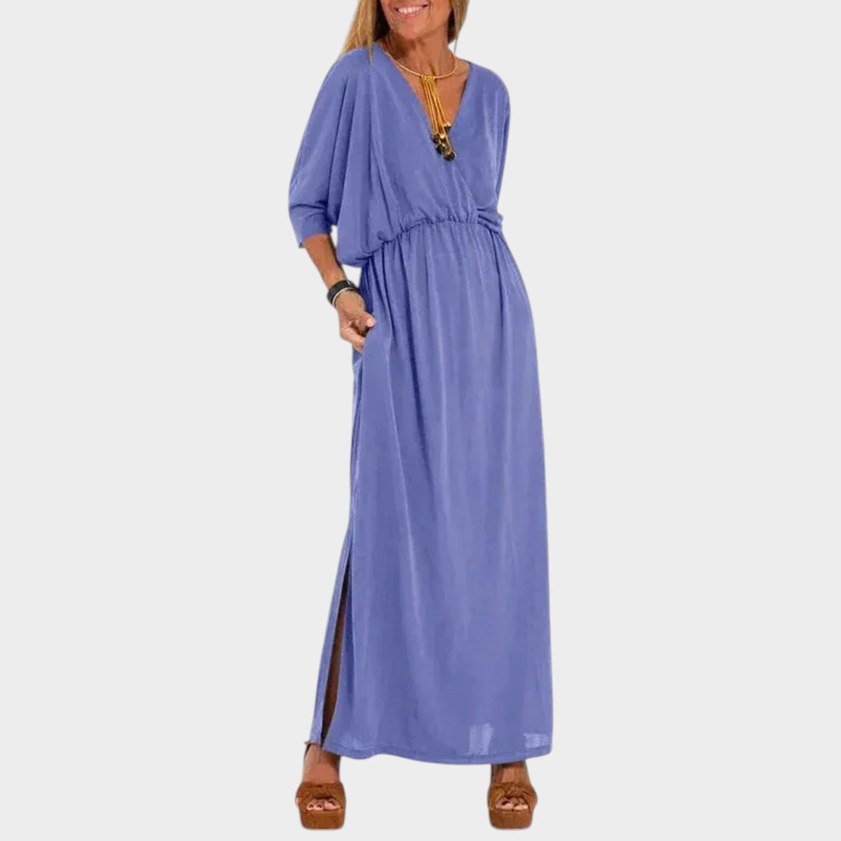 Women’s Vintage Maxi Dress with V-Neckline, Three-Quarter Sleeves and Side Slit