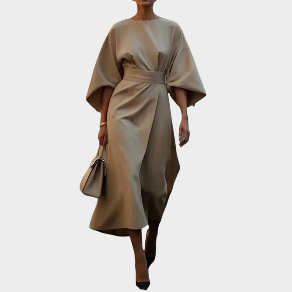 Women’s Satin Maxi Dress with Kimono Sleeves and Defined Waist