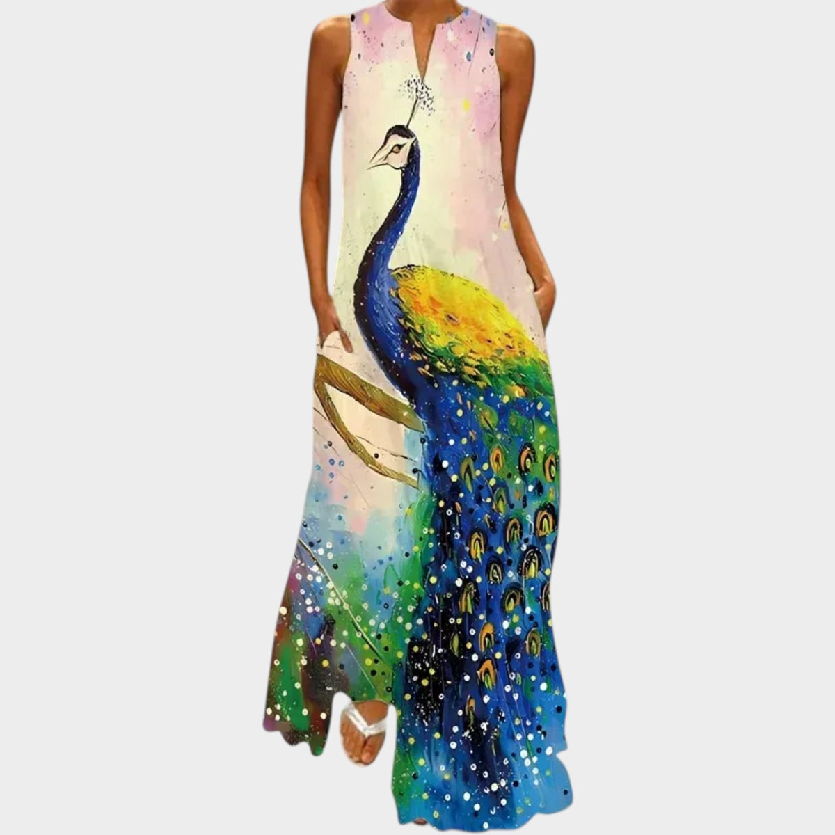 Women’s Sleeveless Maxi Dress with V-Neck, A-Line Fit and Printed Design