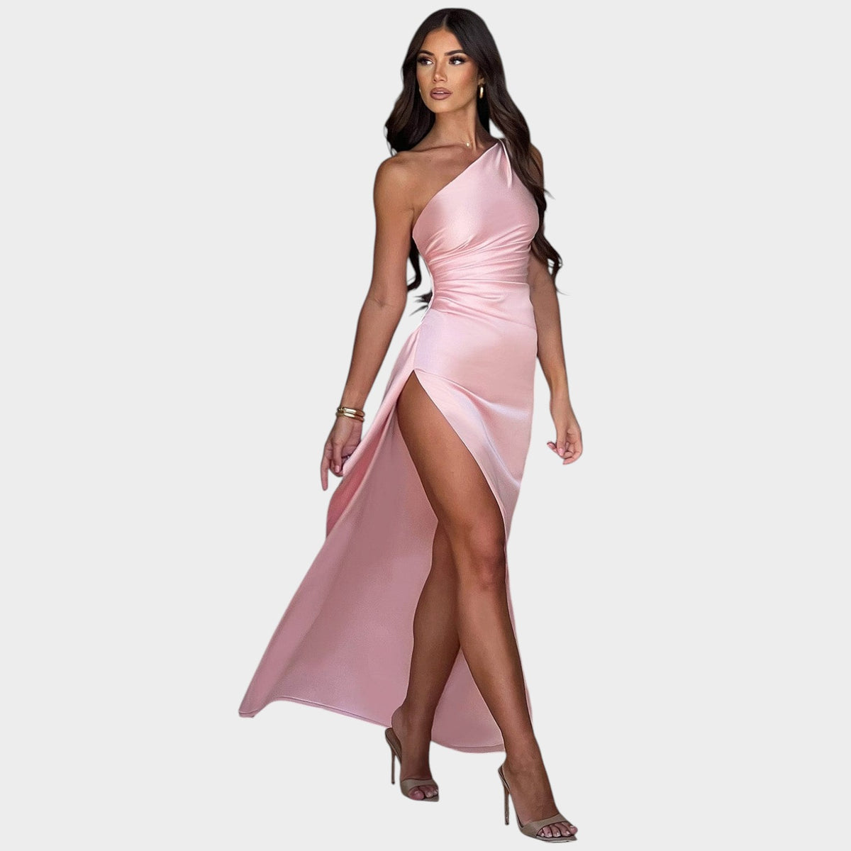 Women’s One-Shoulder Maxi Dress with Draped Detail and High Side Slit