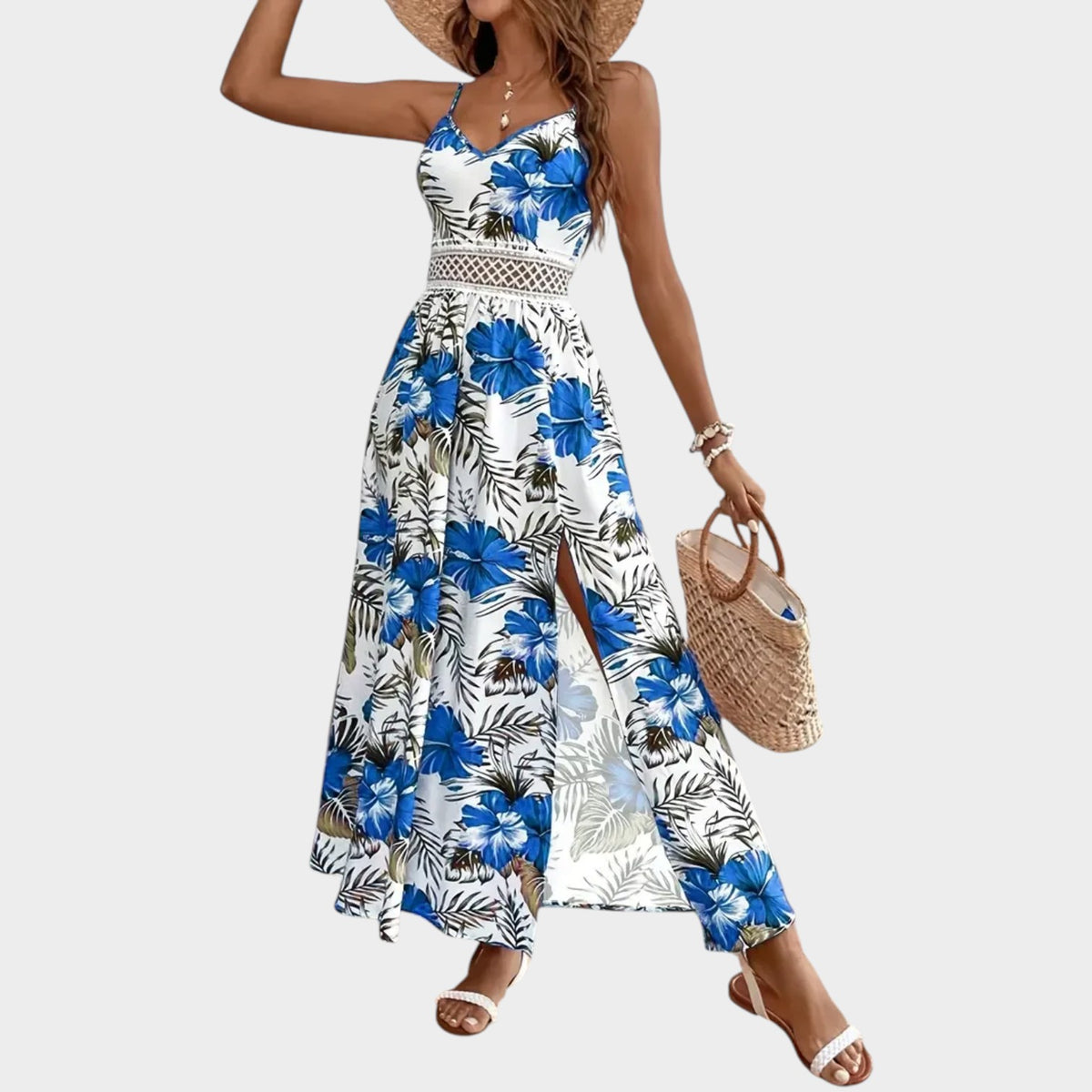 Women’s Floral Maxi Dress with Spaghetti Straps, Crochet Waist and Side Slit
