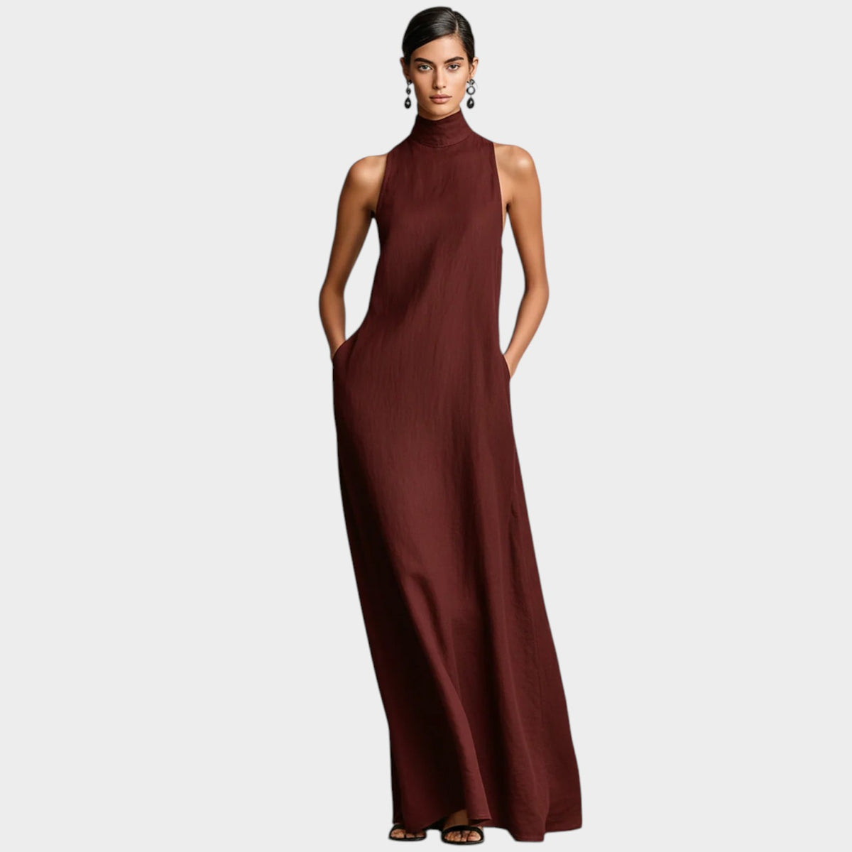 Women’s Sleeveless Maxi Dress with High Neck and Side Pockets