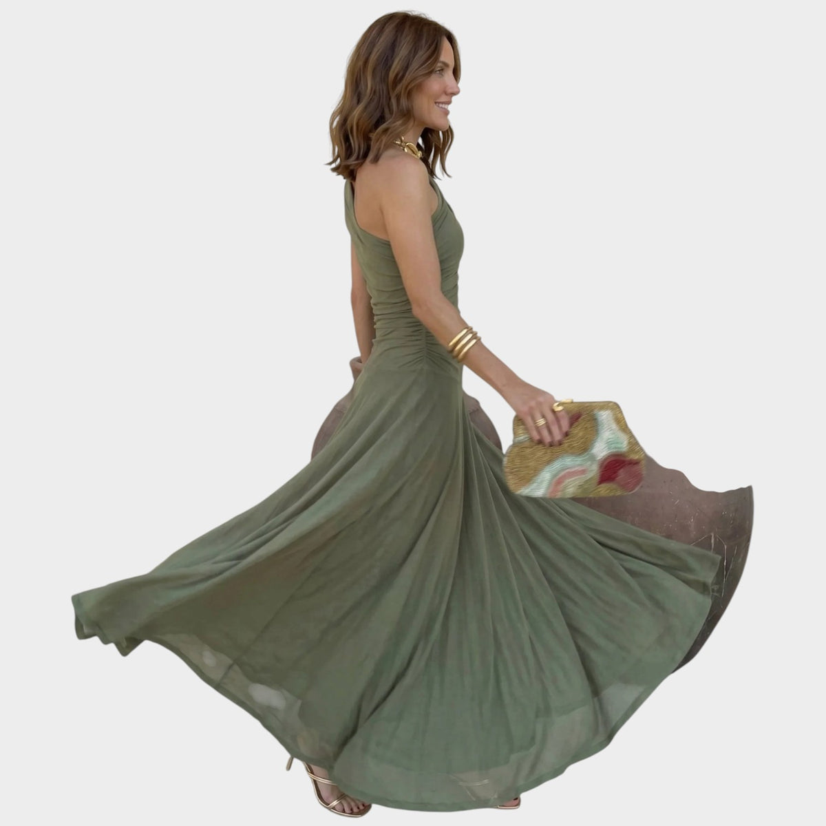 Women’s Off-Shoulder Maxi Dress with Draped Neckline and Flowing Skirt