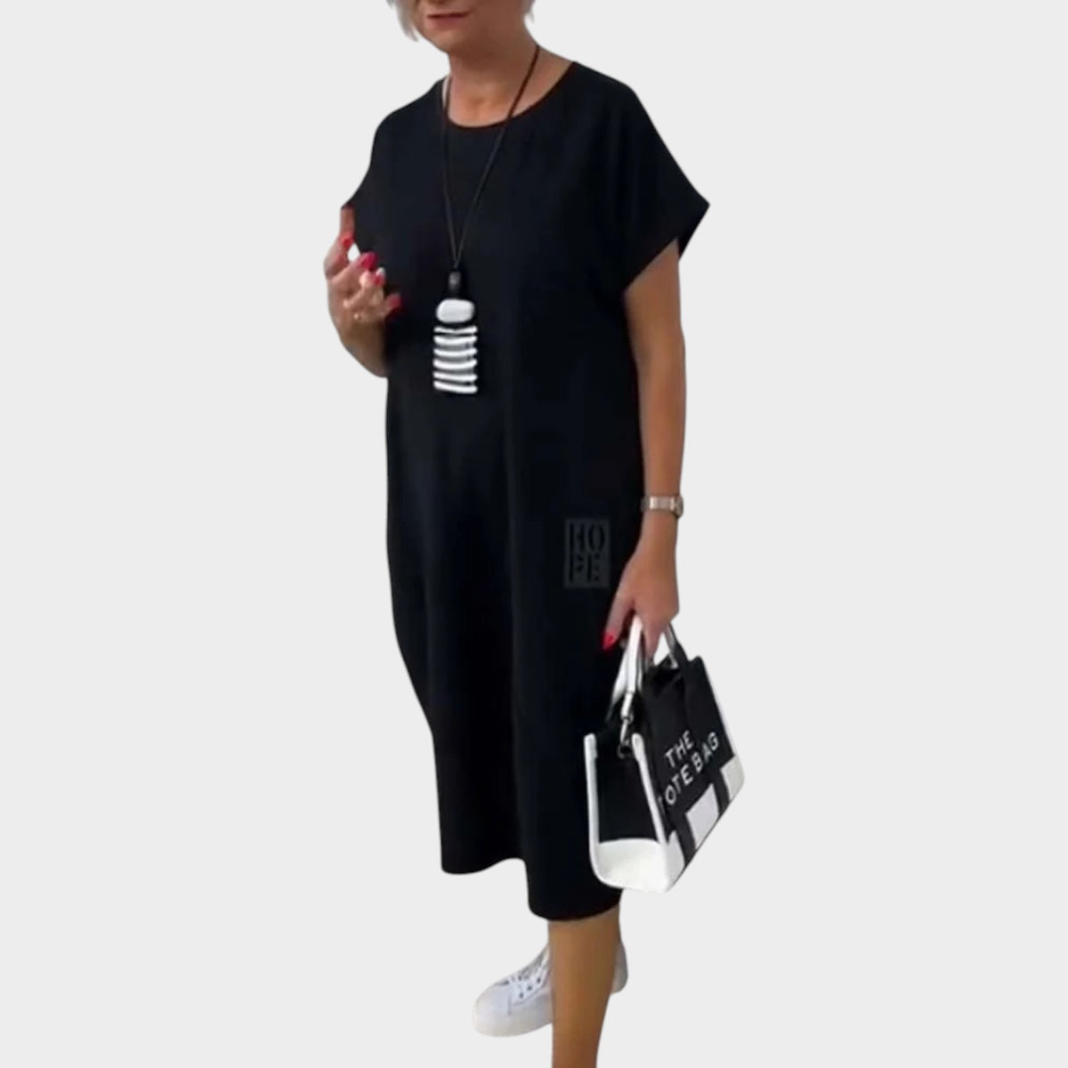 Women’s Loose Midi Dress Round Neck Short Sleeves Side Pockets Letter Print