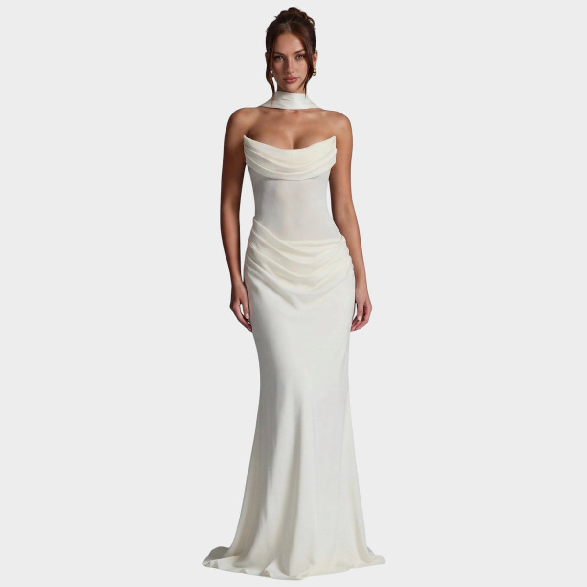 Women’s Draped Maxi Evening Dress with Strapless Neckline and Matching Scarf Detail