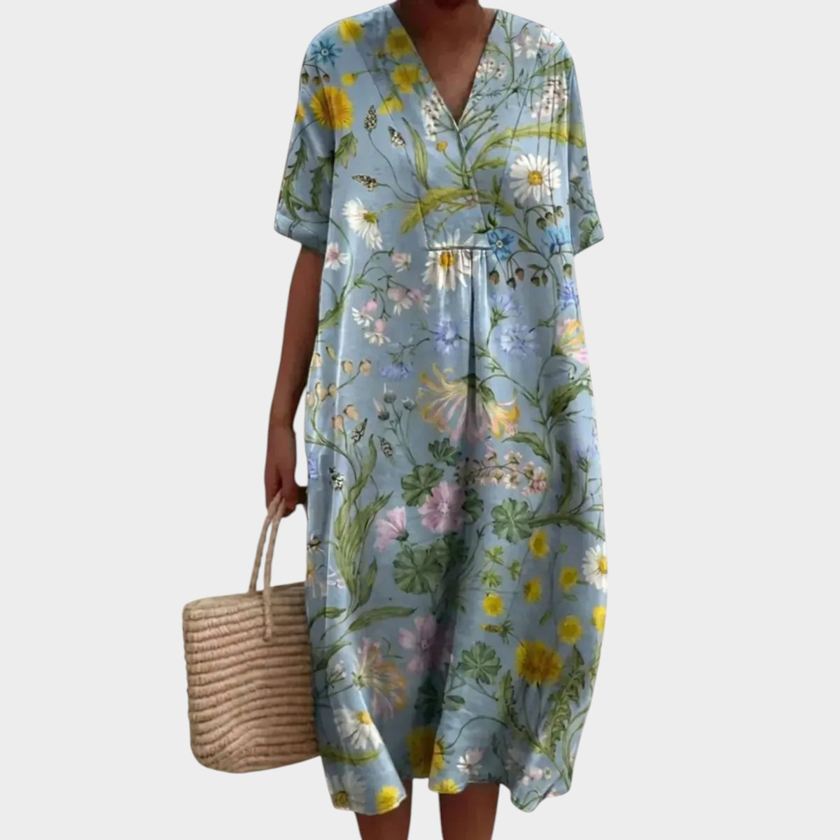 Women’s Floral Print Midi Dress with V-Neck and Short Sleeves