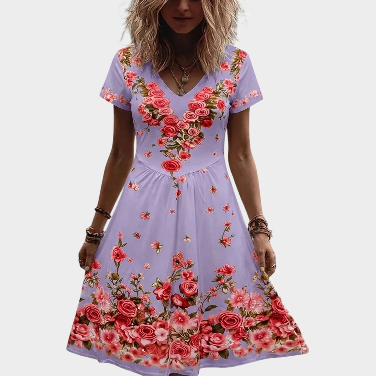 Women’s Floral V-Neck Midi Dress with Short Sleeves