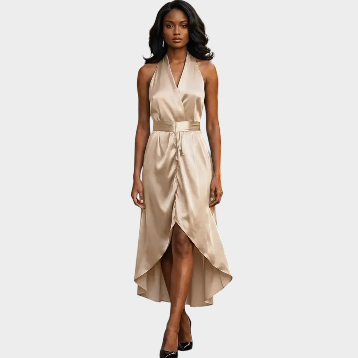 Women’s Formal Maxi Dress with Wrap Waist and High-Low Hem