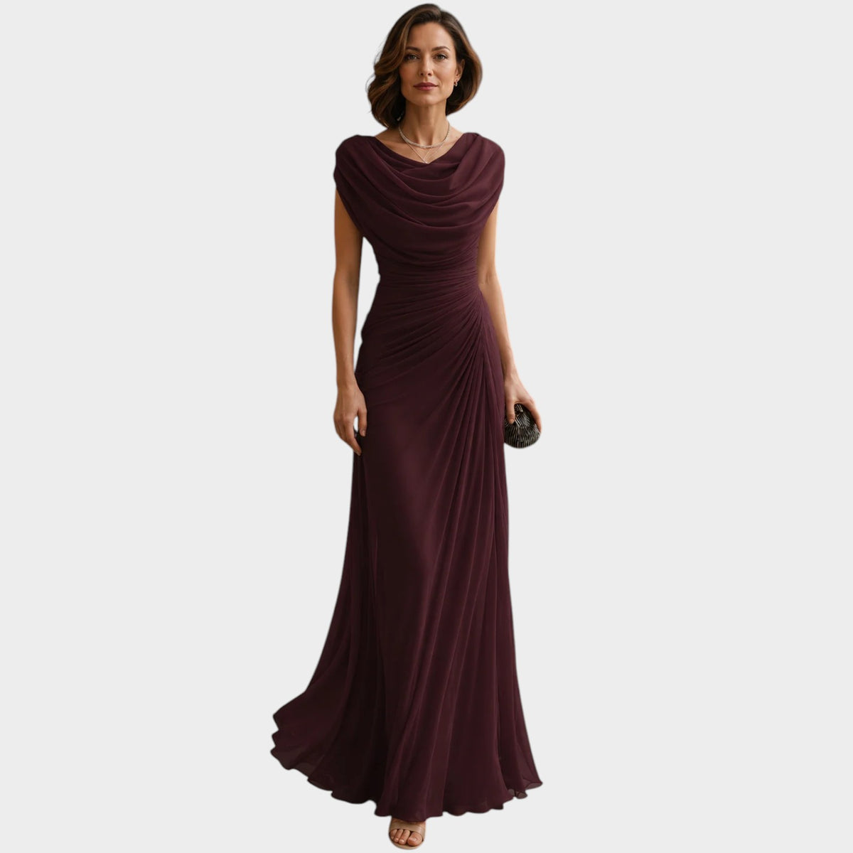 Women’s Ruched Maxi Evening Dress with Draped Cowl Neckline