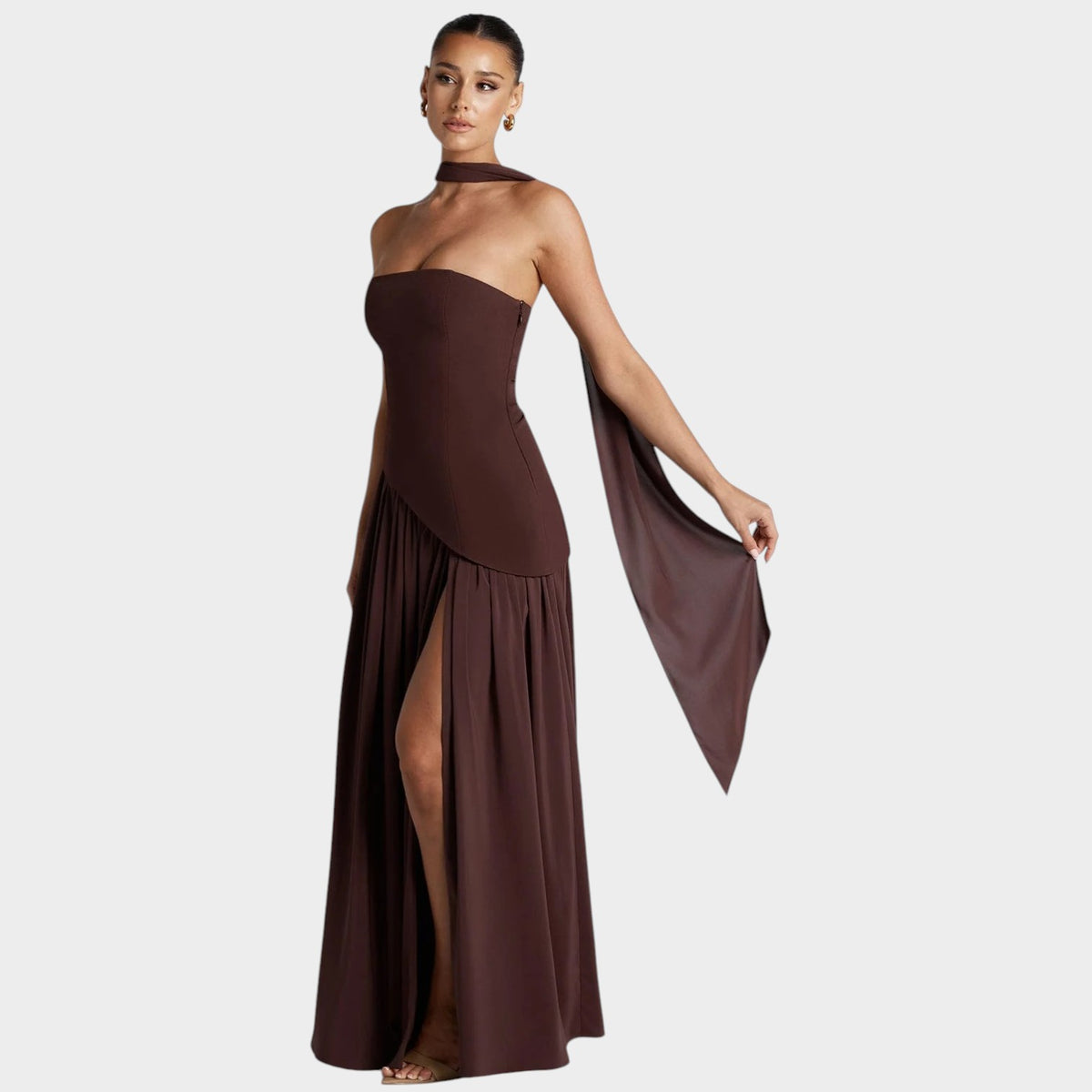 Women’s Strapless Maxi Dress with Corset Bodice and High Front Slit