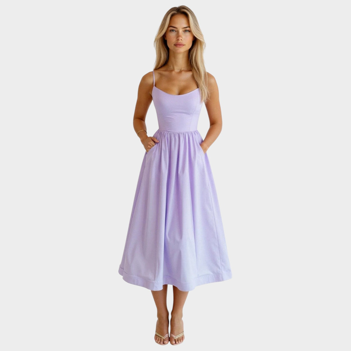 Women’s Sleeveless Midi Dress Square Neckline Flared Skirt