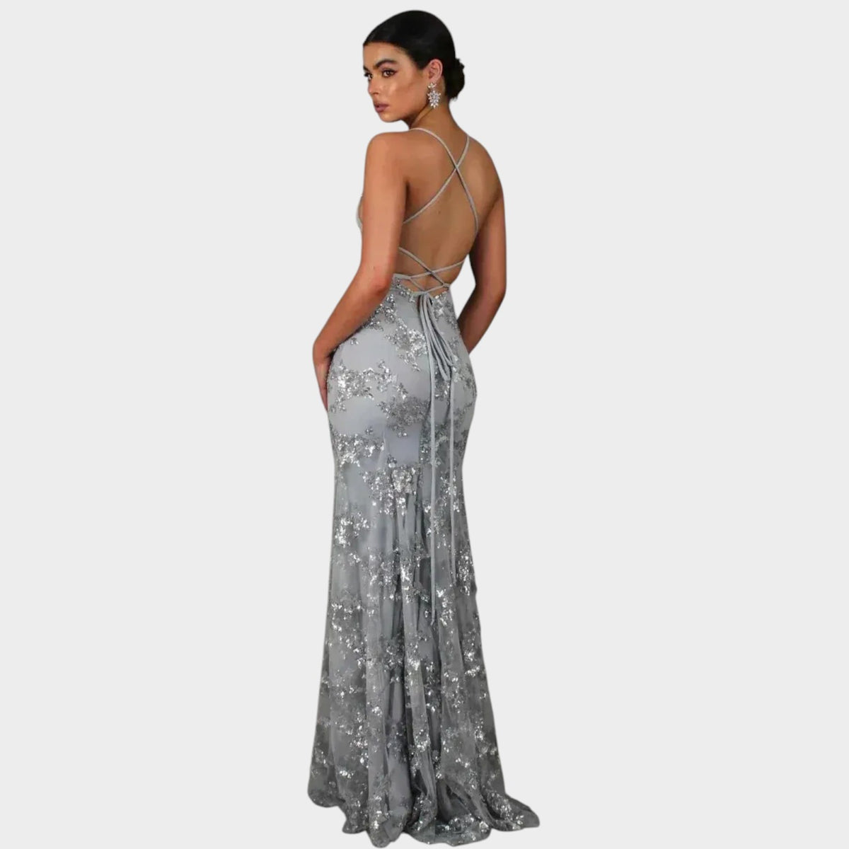 Women’s Sequin Evening Maxi Dress with V-Neck and Cross-Back Straps