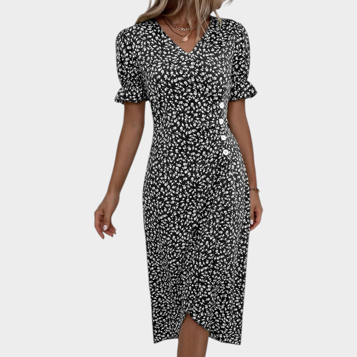 Women’s Floral Midi Dress V-Neck Short Ruffle Sleeves Wrap Front