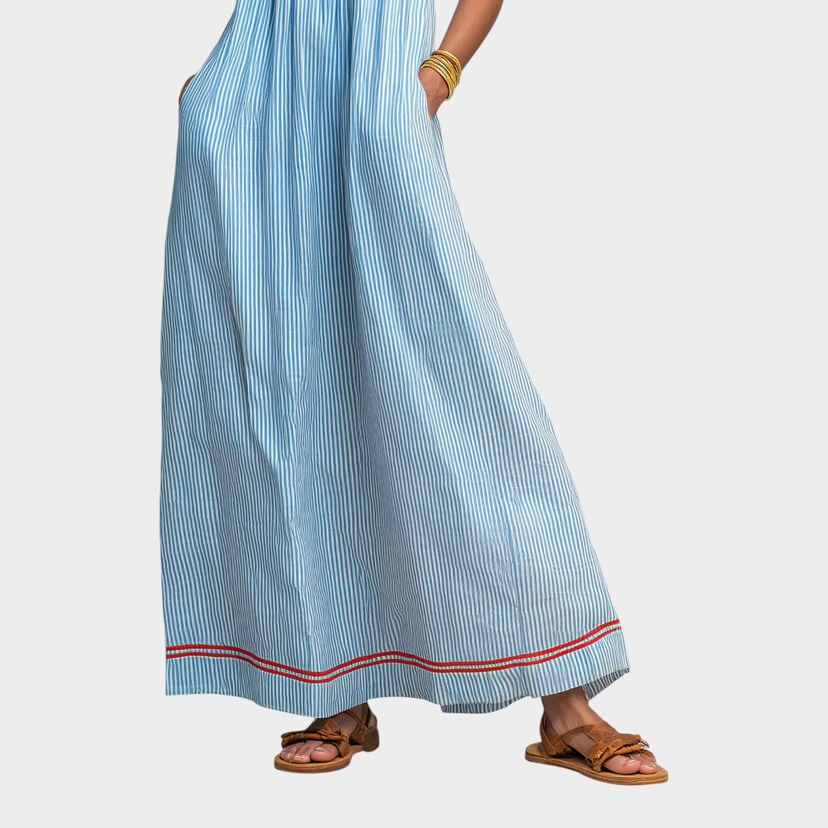 Women’s Striped Maxi Dress with Spaghetti Straps and Red Trim
