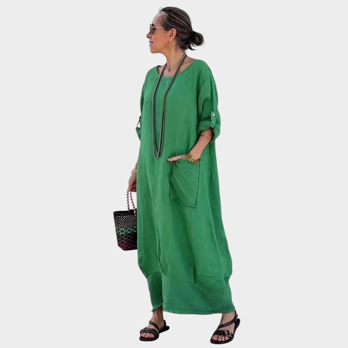 Women’s Oversized Maxi Dress with Rolled Sleeves and Side Patch Pocket