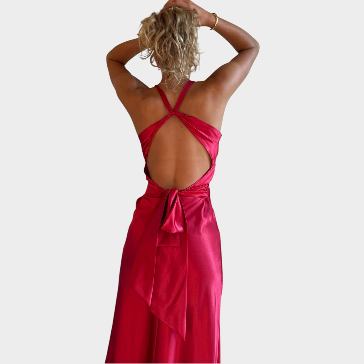 Women’s Satin Maxi Dress with Twisted Front and Open Back